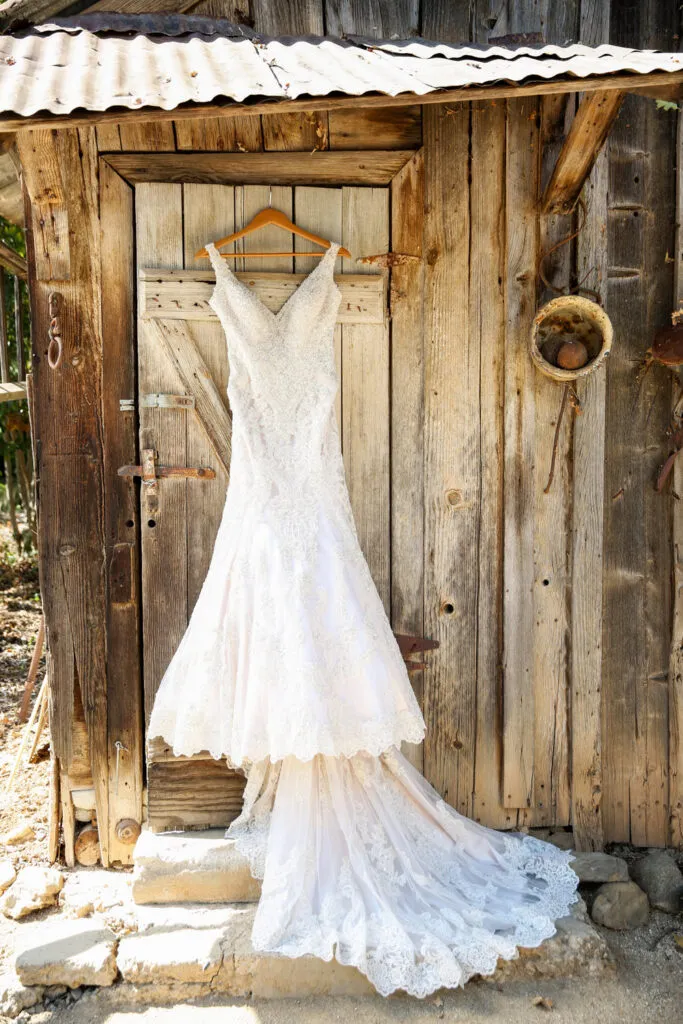 Sonoma wedding photographer capturing wedding dress at vineyard